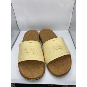 FitFlop Iqushion Cork Print Slide Sandals EU 38 US 7 Butter yellow Beach Swim